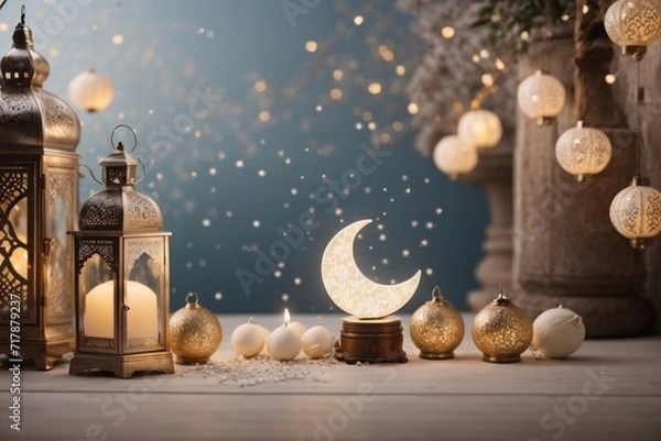 Fototapeta ramadan greeting card of crescent moon decoration and lanterns with copy space area banner