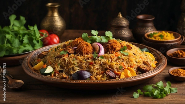 Fototapeta traditional plate and the wooden table as they showcase a plate of vegetable biryani the balance of colors and textures, as well as the contrast between the warm tones of the wooden table