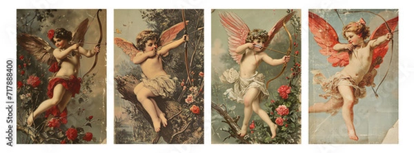 Fototapeta Imitation of old retro vintage cards, typographic printing. Valentine's Day Cupid with bow and arrow shoots. Nostalgic trend. Set of vertical cards in the same style
