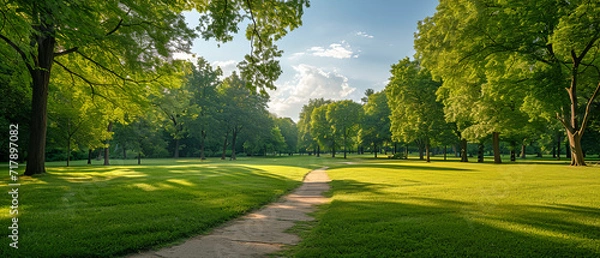 Fototapeta Public park with large trees, green grass field, walk path track
