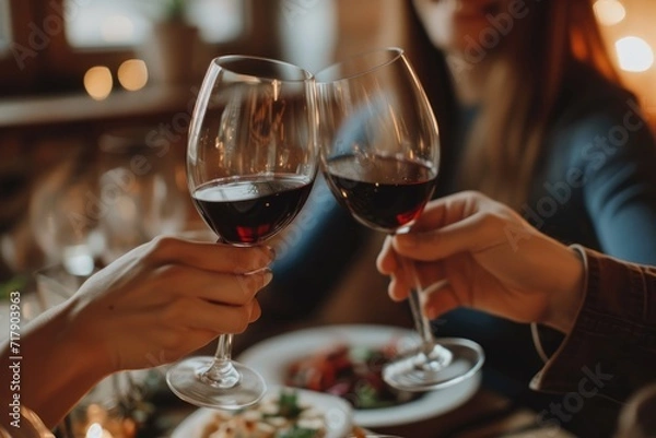 Fototapeta Valentine's day Elegant dining setup with crystal clear wine glasses and lit candles creating a warm, intimate ambiance, highlighted by soft glowing lights in the background. Ai generated