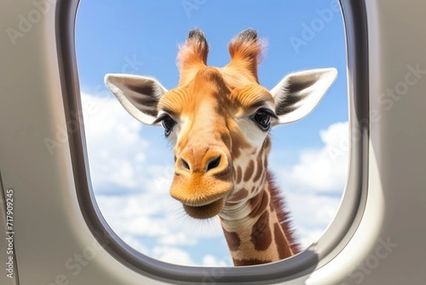 Obraz Curious giraffe peeking through airplane window