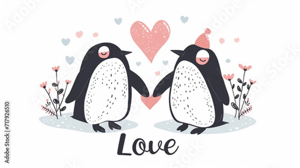 Fototapeta Two penguins holding flippers with a heart overhead and "Love" written below, Valentine's Day, flat illustration, white background, with copy space