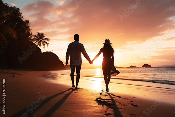 Fototapeta Couple holding hands, walking on a beach at sunset with silhouettes against a vibrant sky.Romantic vacation in paradise