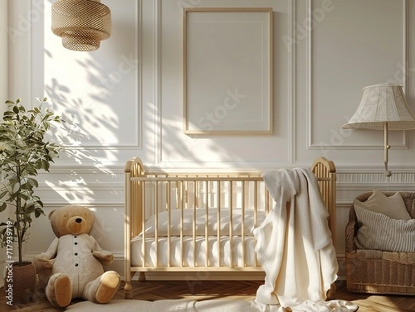 Obraz Cozy Nursery Mockup Frame, Empty Space,Blank Baby Room Mockup, Tender Nursery