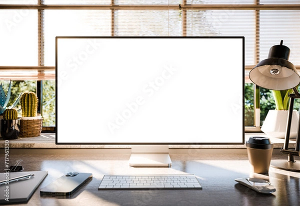 Obraz Computer all-in-one with a blank screen front in industrial loft green ecological office interior. 3d render