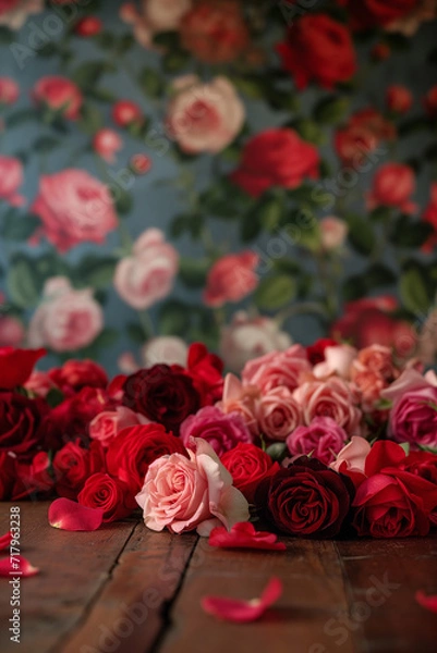 Fototapeta Close-up of many pink and red roses lies on a wooden table against the backdrop of retro wallpaper with a pattern of blooming roses, blurred background. Ad poster concept