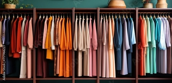 Fototapeta Rows of colorful clothes hanging on the shelves. generative AI