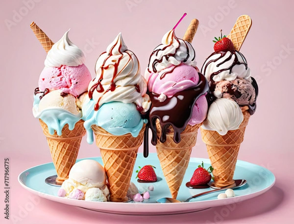 Fototapeta Illustration of Friends Enjoying Ice Cream Sundae and Cake in Elegant Minimalistic Style Gen AI