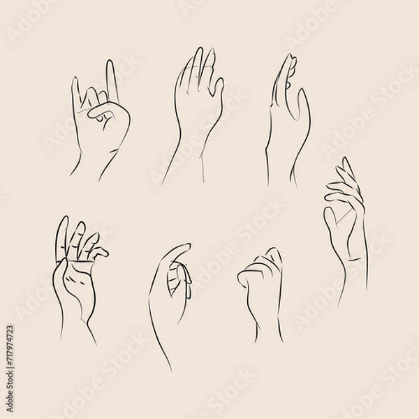 Fototapeta Woman's hand icon collection line.Elegant female hands of different gestures. Lineart in a trendy minimalist style.