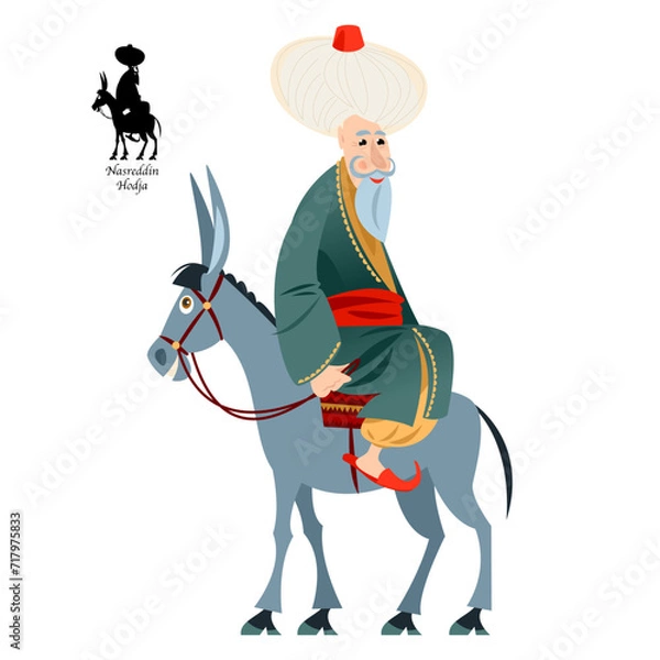 Fototapeta Cheerful oriental man dressed in a robe and turban rides a donkey backwards. Nasreddin Hodja. Coloring page