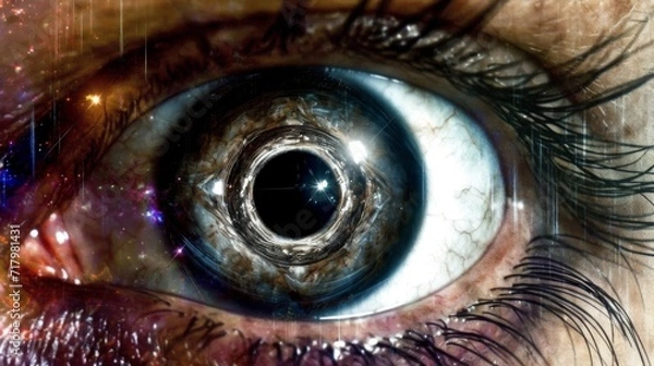 Fototapeta Interdimensional vortex in the reflection of the close up of eye. Iris transposed over space universe and forest scene. 
