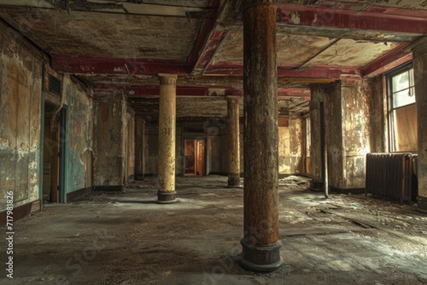 Fototapeta the interior of an abandoned historic building that is offlimits to the public.