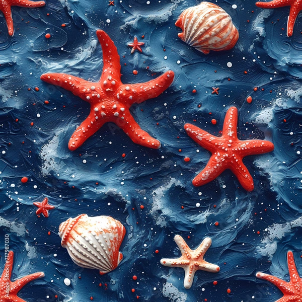 Obraz Oceanic Summer Pattern with Starfish, Shells, and Marine Elements on a Beach Background