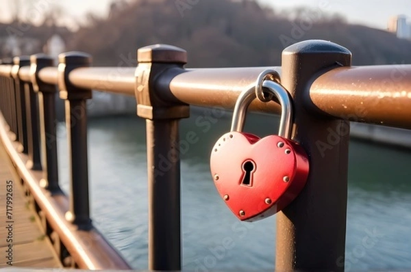 Obraz A close-up of a heart-shaped padlock attached to a bridge railing