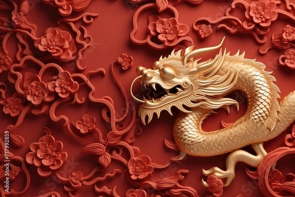 Fototapeta Golden dragon motifs background, Generative AI