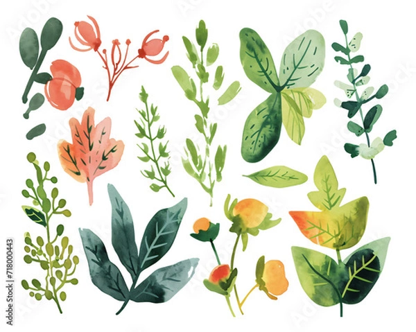 Fototapeta Watercolor plant stickers cutout