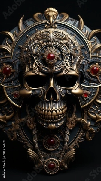 Fototapeta volumetric skull encrusted with precious stones on the surface of the shield