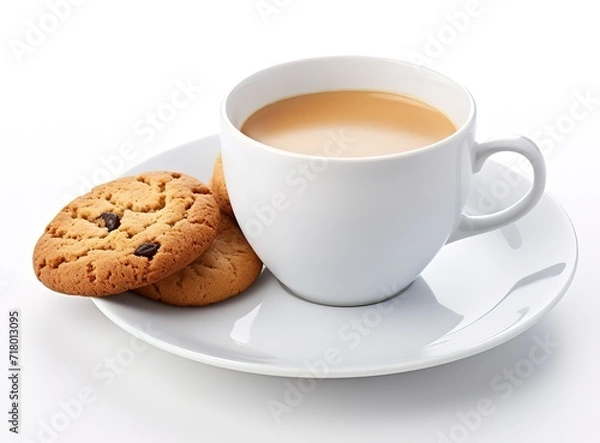 Fototapeta Cup of coffee on white Background with cookies beside it. generative AI