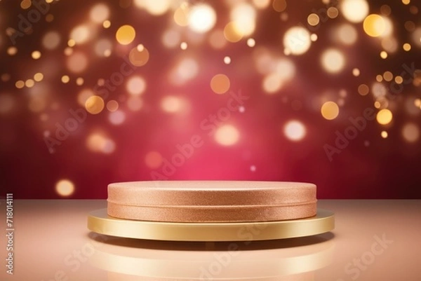 Fototapeta Podium with background soft bokeh, podium for product presentation, geometric shape for product display presentation, stage showcase, promotion display.