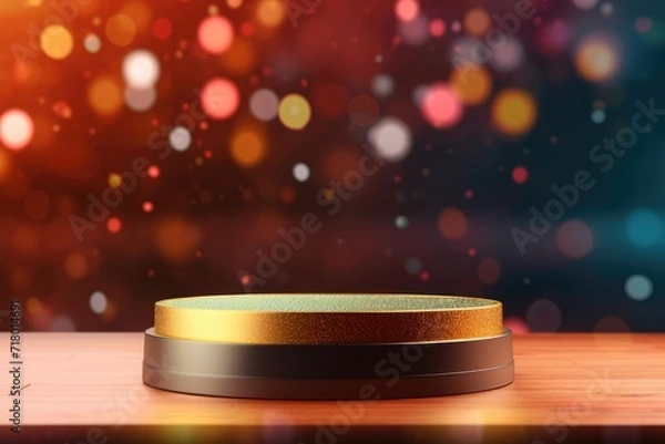 Fototapeta Podium with background soft bokeh, podium for product presentation, geometric shape for product display presentation, stage showcase, promotion display.