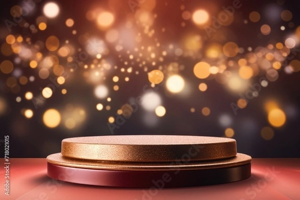 Fototapeta Podium with background soft bokeh, podium for product presentation, geometric shape for product display presentation, stage showcase, promotion display.
