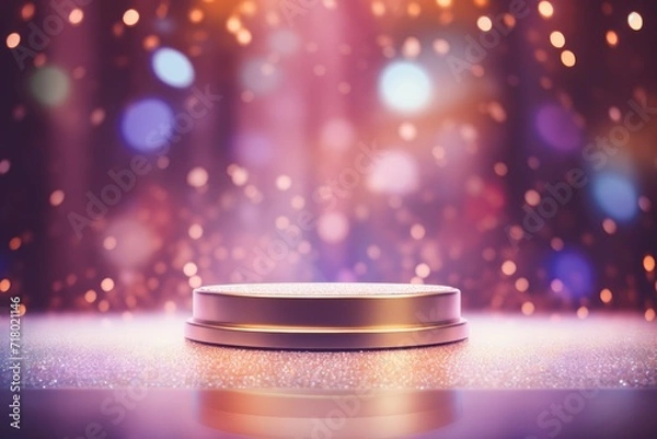 Fototapeta Podium with background soft bokeh, podium for product presentation, geometric shape for product display presentation, stage showcase, promotion display.
