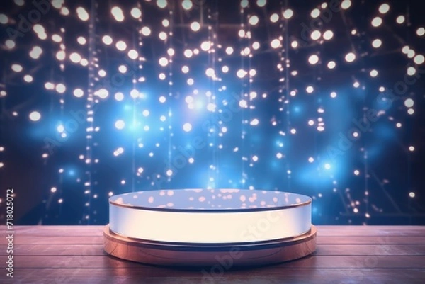 Fototapeta Podium with background soft bokeh, podium for product presentation, geometric shape for product display presentation, stage showcase, promotion display.