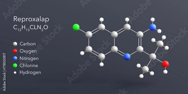 Fototapeta reproxalap molecule 3d rendering, flat molecular structure with chemical formula and atoms color coding