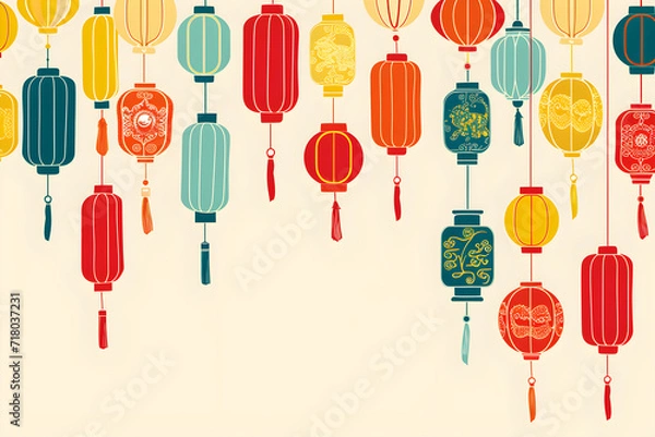 Fototapeta Colorful hanging lantern traditional Asian decor on beige background. Chinese lantern festival. New Year abstract greeting card with copy space. Design for poster, banner, flyer