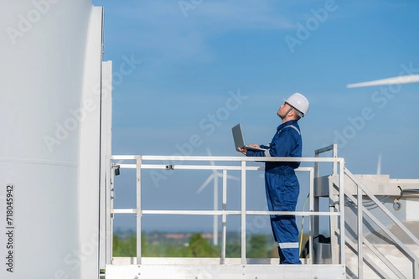 Obraz Two engineers working and holding the report at wind turbine farm Power Generator Station on mountain,Thailand people,Technician man and woman discuss about work