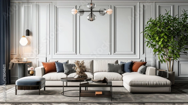 Fototapeta American style living room interior, wall mockup. Generative Ai
