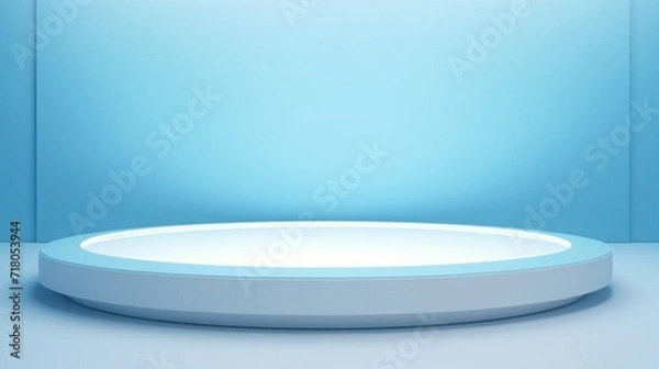 Fototapeta A sophisticated light blue background with the soft interplay of light and shadow from an oval window, enhancing product presentations.
