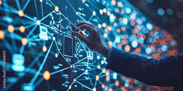 Fototapeta Digital Networking Concept, Blue Background with Futuristic Connections and High-Tech Cybernetic Elements