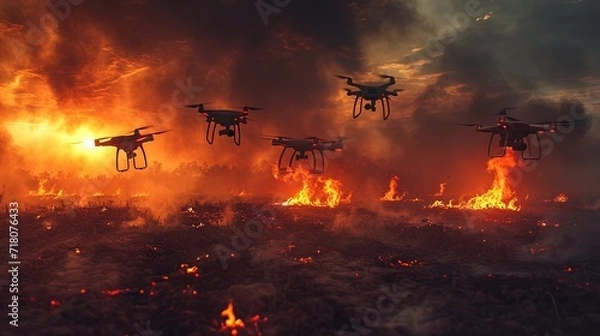 Fototapeta Modern drones flying over burning battle fields. Drones and flames. Future wars.