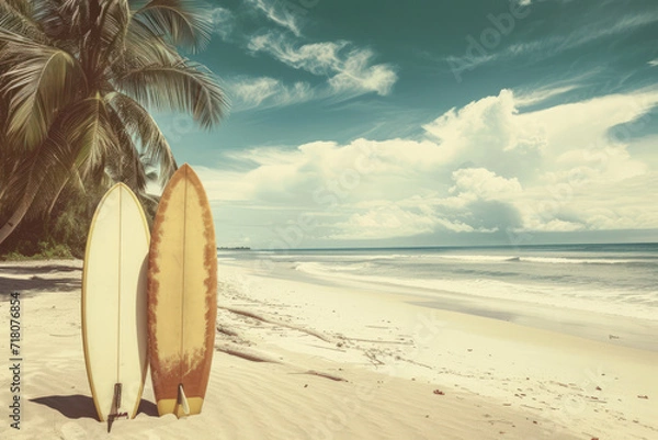 Fototapeta Surfboard on tropical beach background. Vintage tone color style. Generative ai