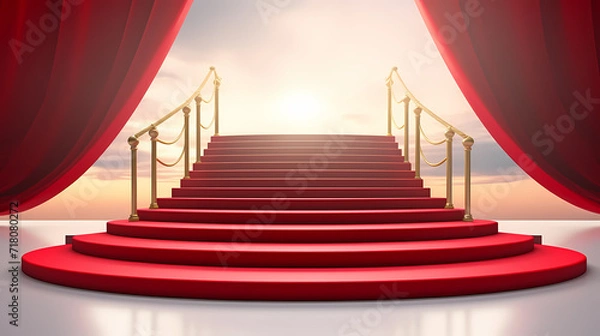 Obraz Red carpet staircase background, VIP entrance, night awards ceremony