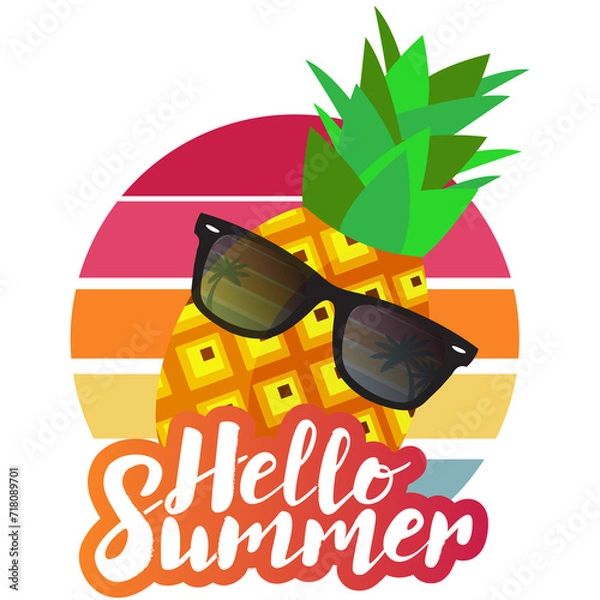 Obraz Hello Summer pineapple with glasses with retro sun background