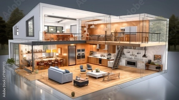 Fototapeta 3d rendering of a modern house with a kitchen and dining area