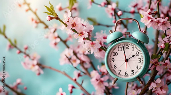 Fototapeta Spring Time Concept with Alarm Clock and Cherry Blossoms