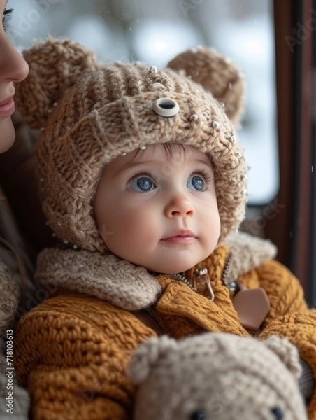 Fototapeta A cherubic newborn snuggled in a cozy knit jacket and bonnet, surrounded by toys and warmth indoors, exuding pure innocence and love
