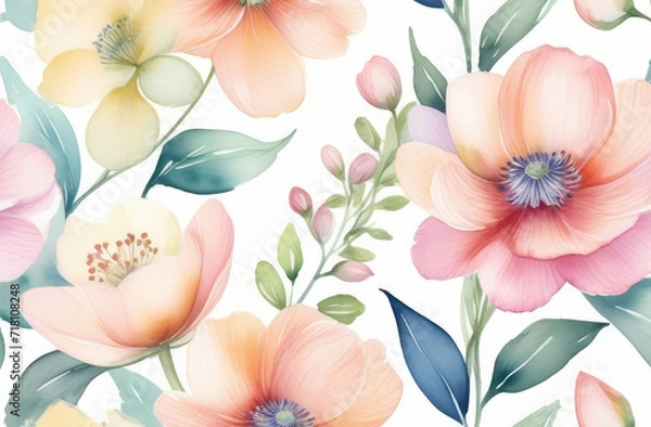 Fototapeta natural floral pattern on white backdrop. colorful watercolor illustration of blooming field flowers