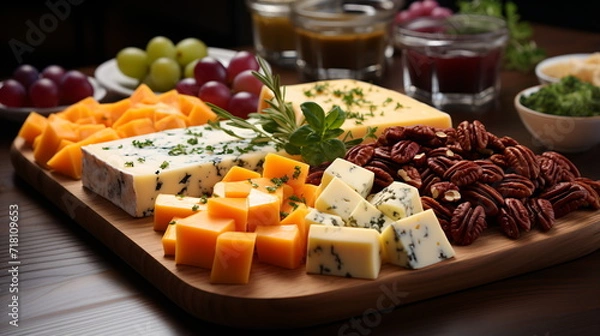 Fototapeta various types of cheese in wooden box on white wooden table, top view