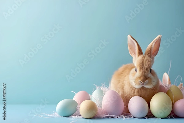 Obraz Cute bunny and easter eggs on background.