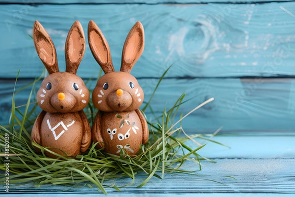 Obraz Cute bunny and easter eggs on background.