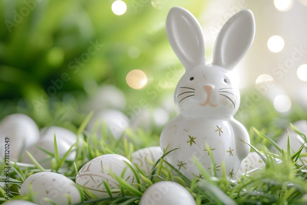 Obraz Cute bunny and easter eggs on background.