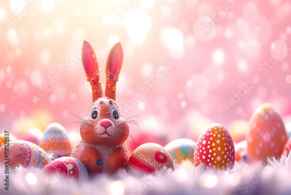 Obraz Cute bunny and easter eggs on background.
