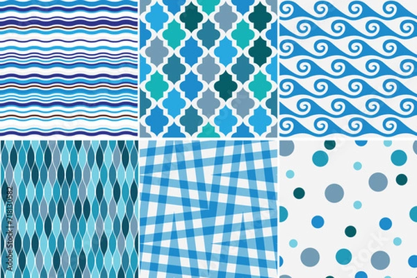 Obraz Set simple seamless blue with white pattern with waves and cell and strips. Vector image
