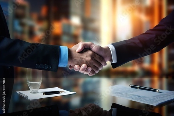 Fototapeta A businessman shaking hands over a letter of agreement. generative AI