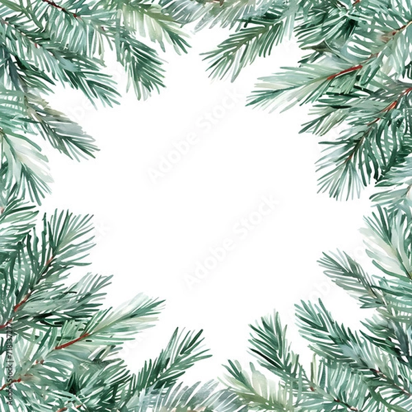 Fototapeta Hand-painted watercolor illustration of Christmas fir branches, creating a festive frame for greeting cards and invitations.